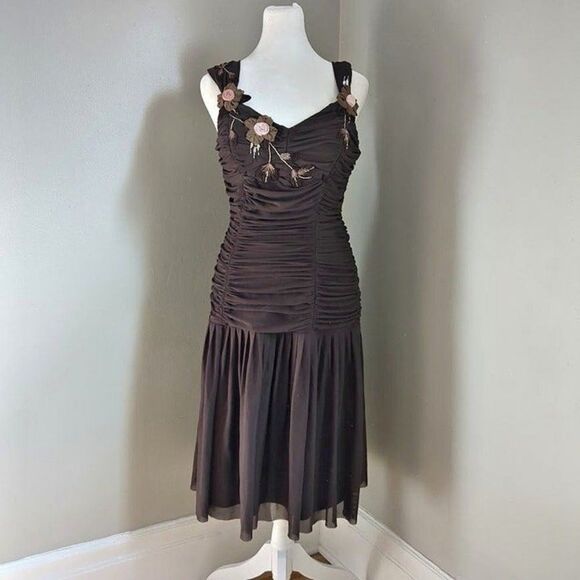 Vintage Sue Wong Mesh Dress Y2K Fairycore Drop Waist Brown Whimsygoth Size 6 - Picture 10 of 11